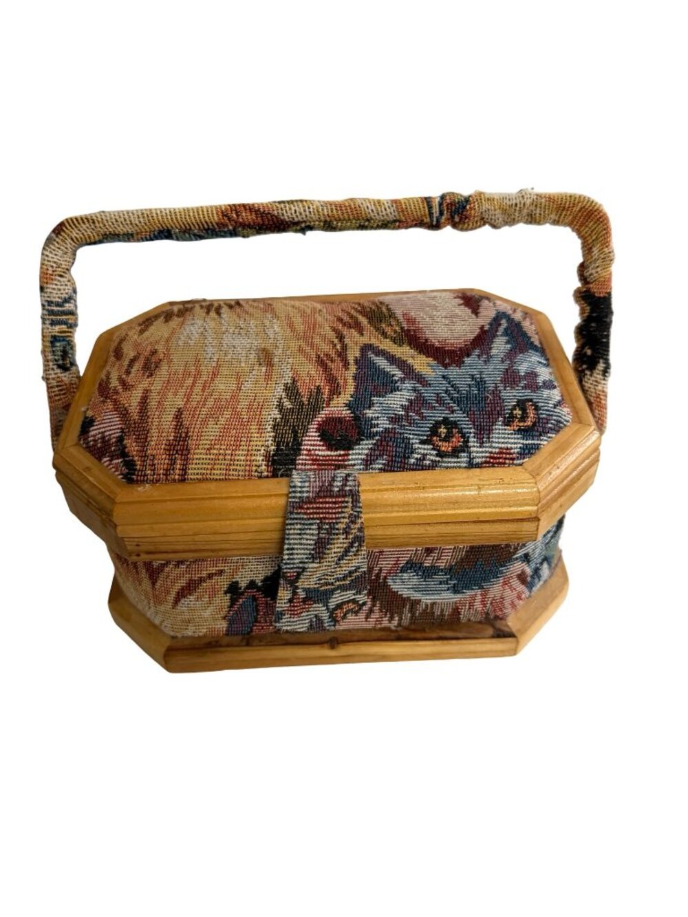 Vintage Cat Tapestry Sewing Basket Wooden Handled Storage Box Blue Interior